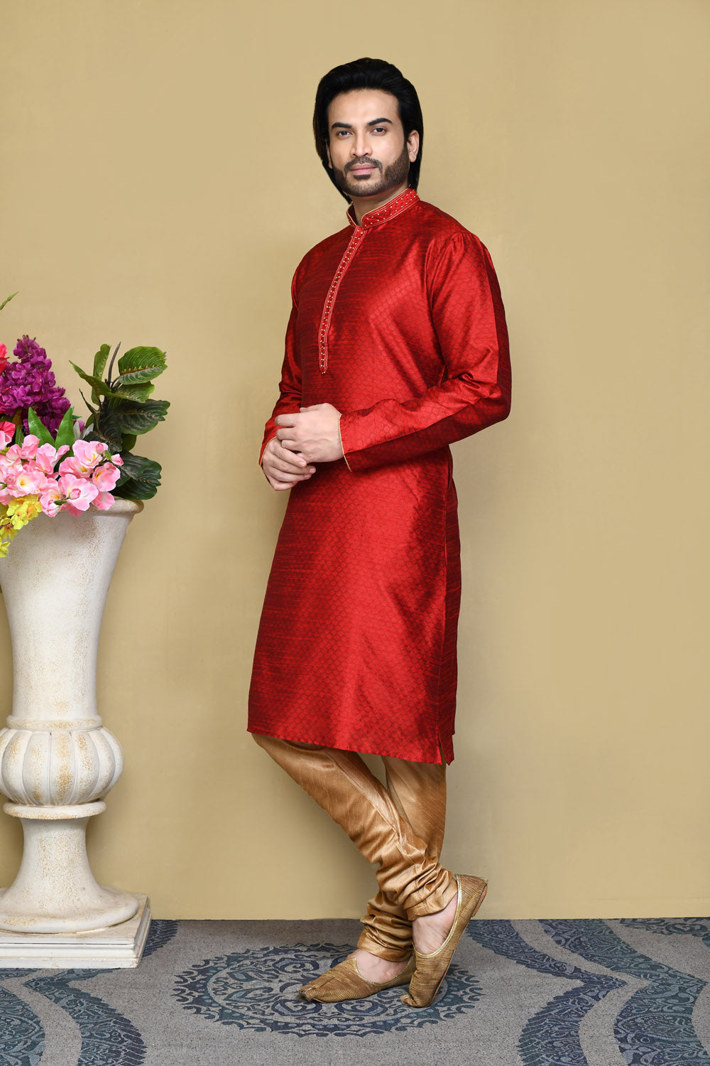 Red Colour Art Silk Fabric Resham Woven Kurta Pajama