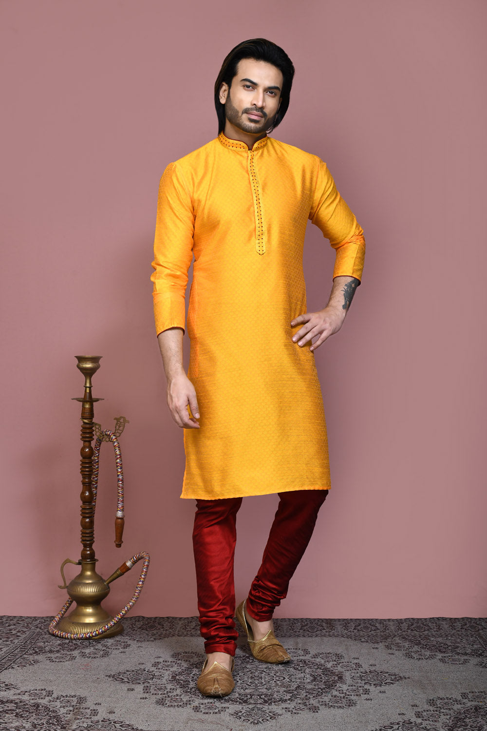 Yellow Colour Art Silk Fabric Resham Woven Kurta Pajama