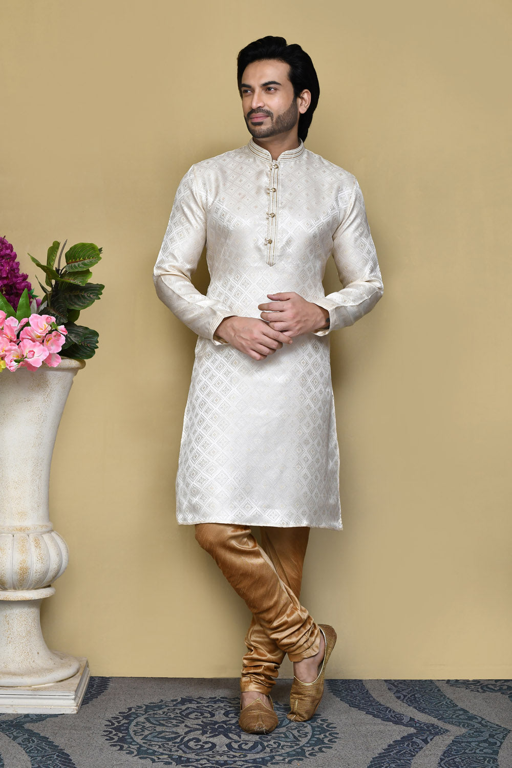 Cream Colour Art Silk Fabric Resham Woven Kurta Pajama