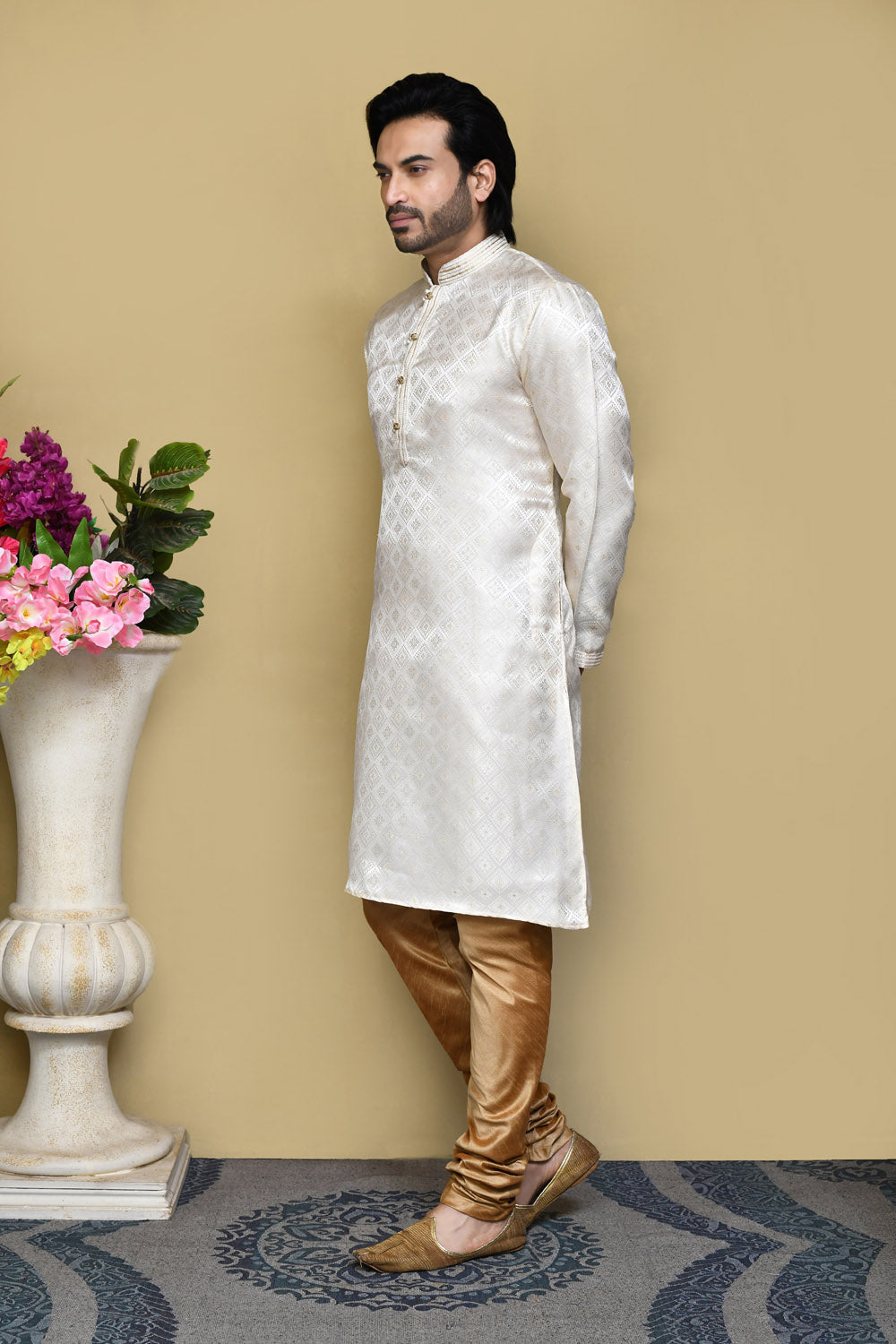 Cream Colour Art Silk Fabric Resham Woven Kurta Pajama