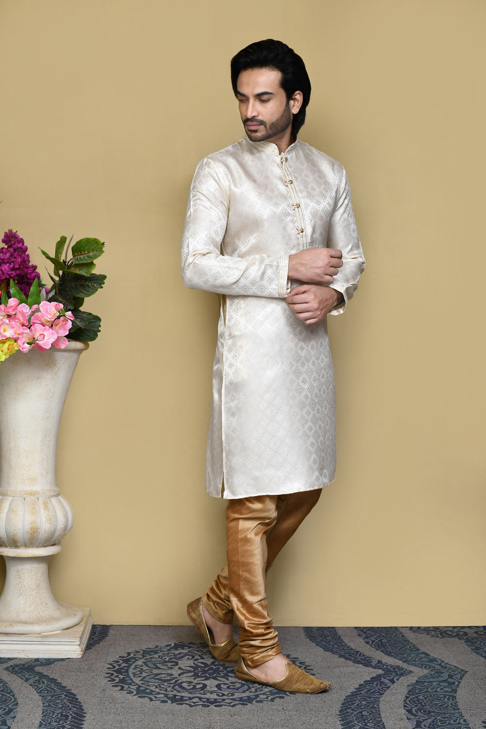 Cream Colour Art Silk Fabric Resham Woven Kurta Pajama