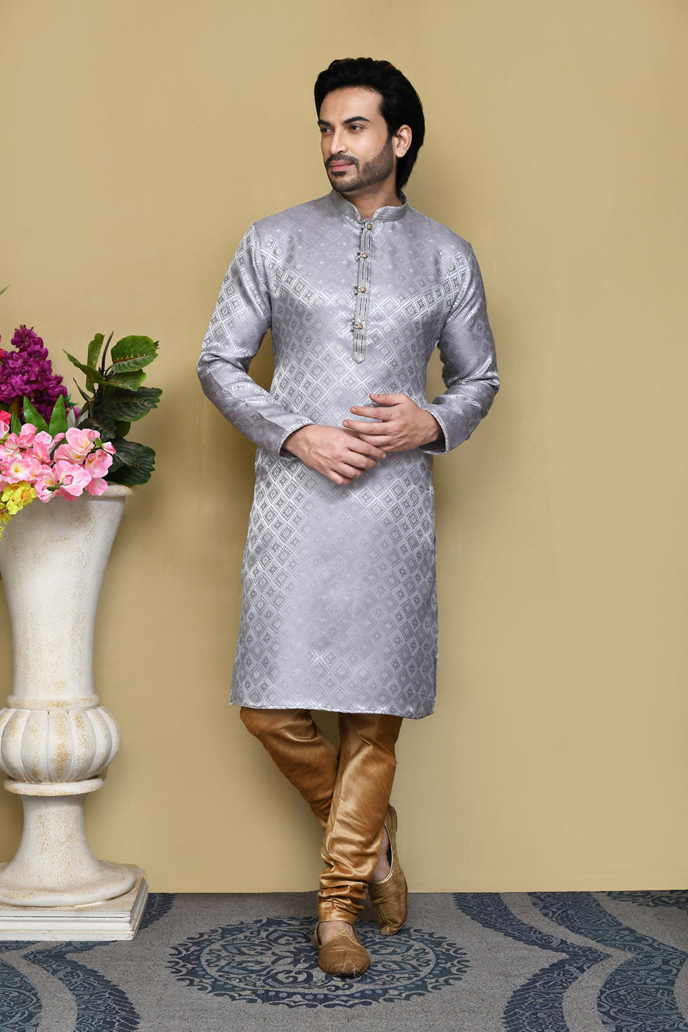 Grey Colour Art Silk Fabric Resham Woven Kurta Pajama