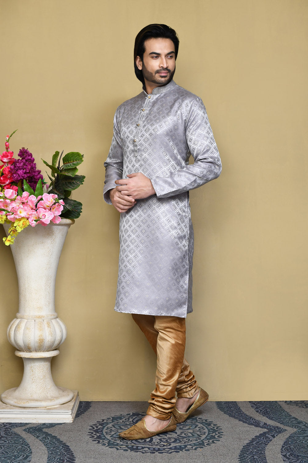 Grey Colour Art Silk Fabric Resham Woven Kurta Pajama