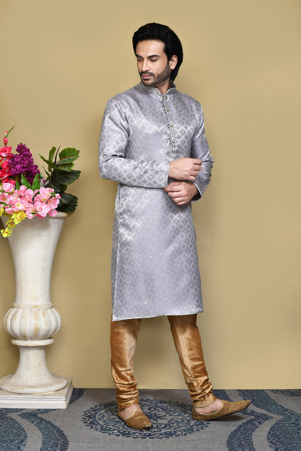 Grey Colour Art Silk Fabric Resham Woven Kurta Pajama