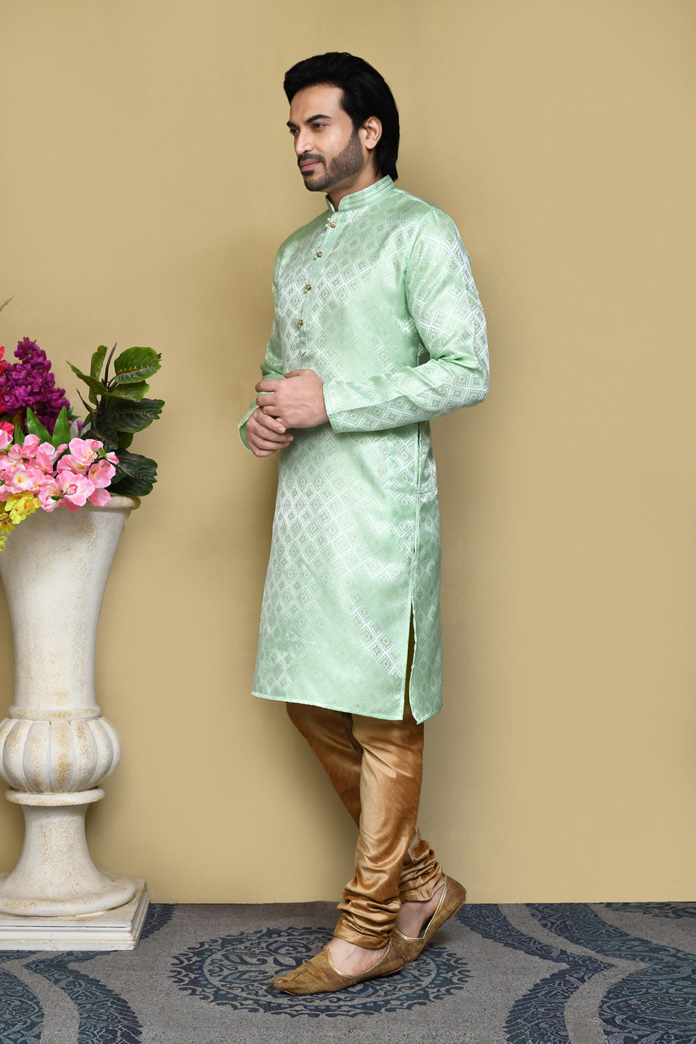 Pista Colour Art Silk Fabric Resham Woven Kurta Pajama