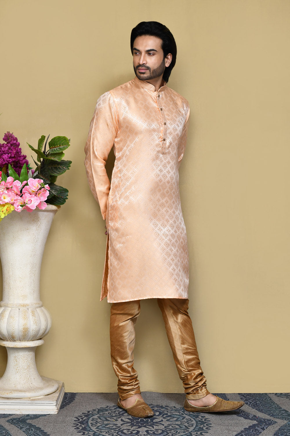 Rust Colour Art Silk Fabric Resham Woven Kurta Pajama