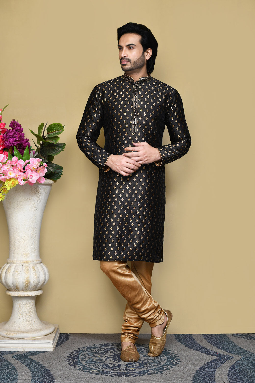 Black Colour Art Silk Fabric Resham Woven Kurta Pajama