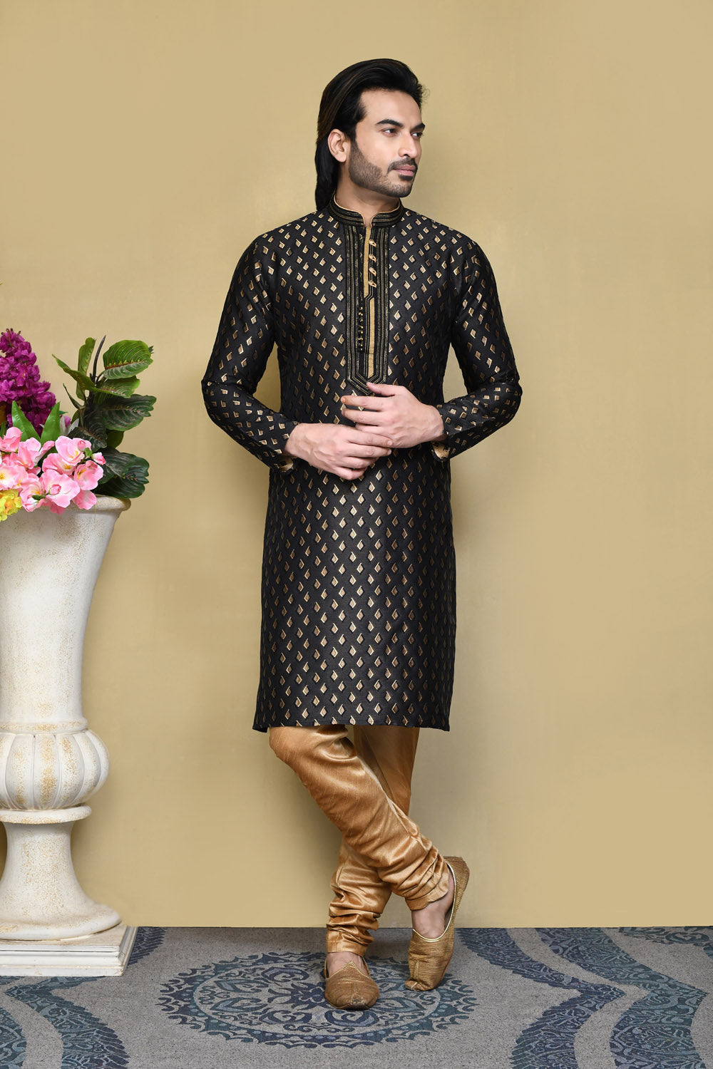 Black Colour Art Silk Fabric Resham Woven Kurta Pajama