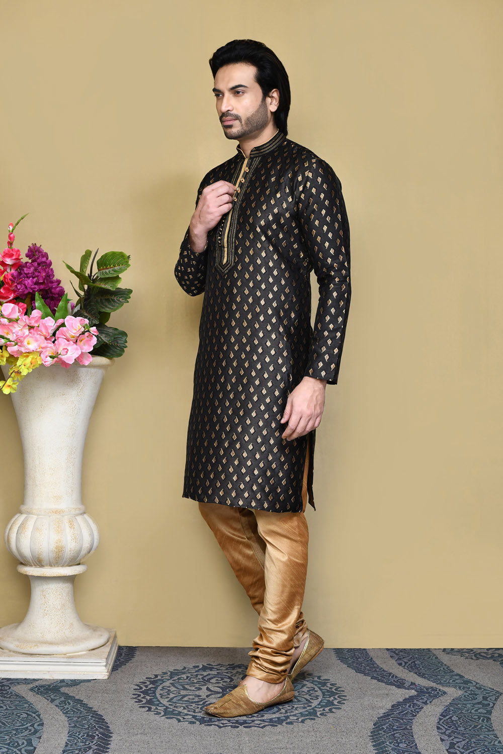 Black Colour Art Silk Fabric Resham Woven Kurta Pajama
