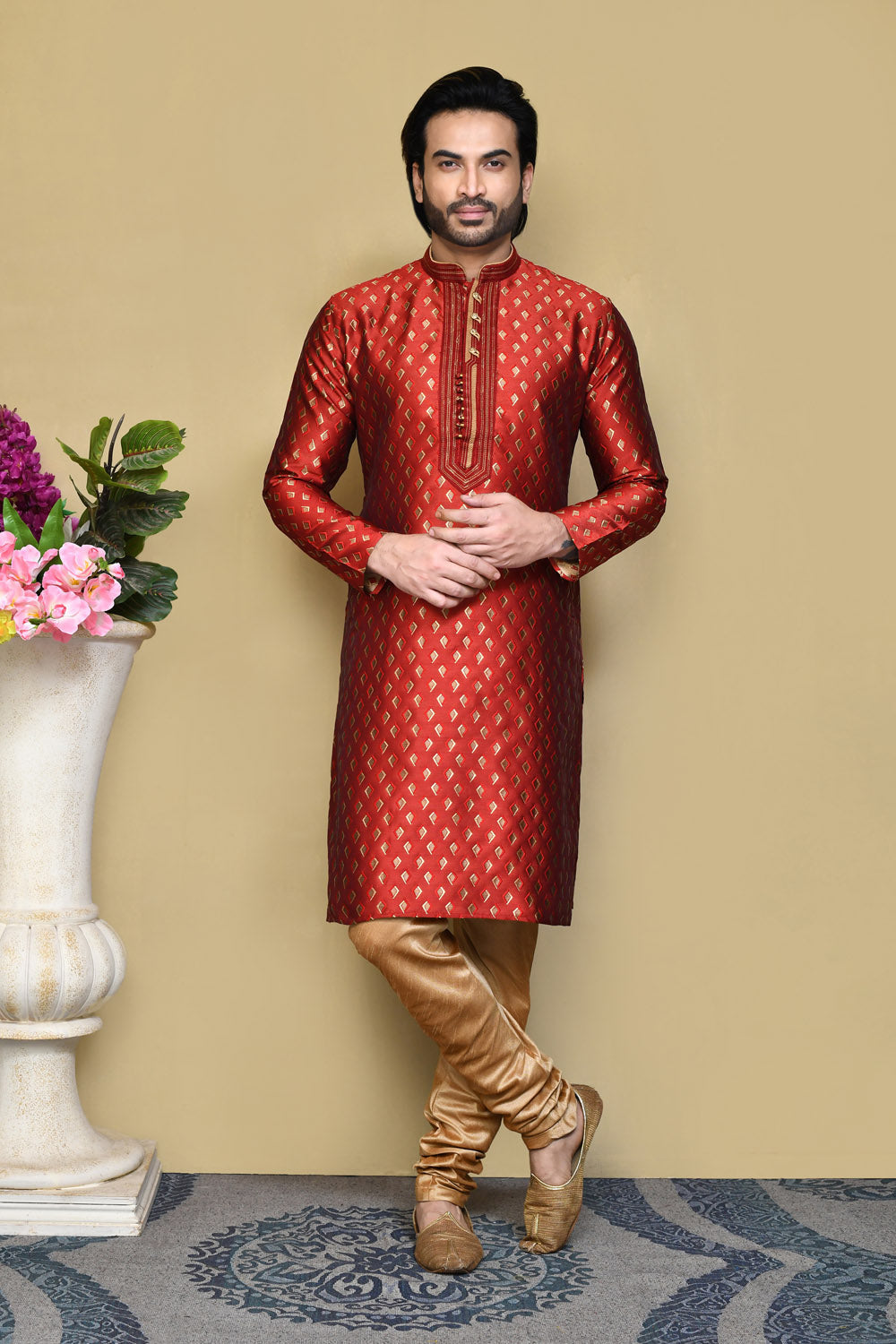 Red Colour Art Silk Fabric Resham Woven Kurta Pajama