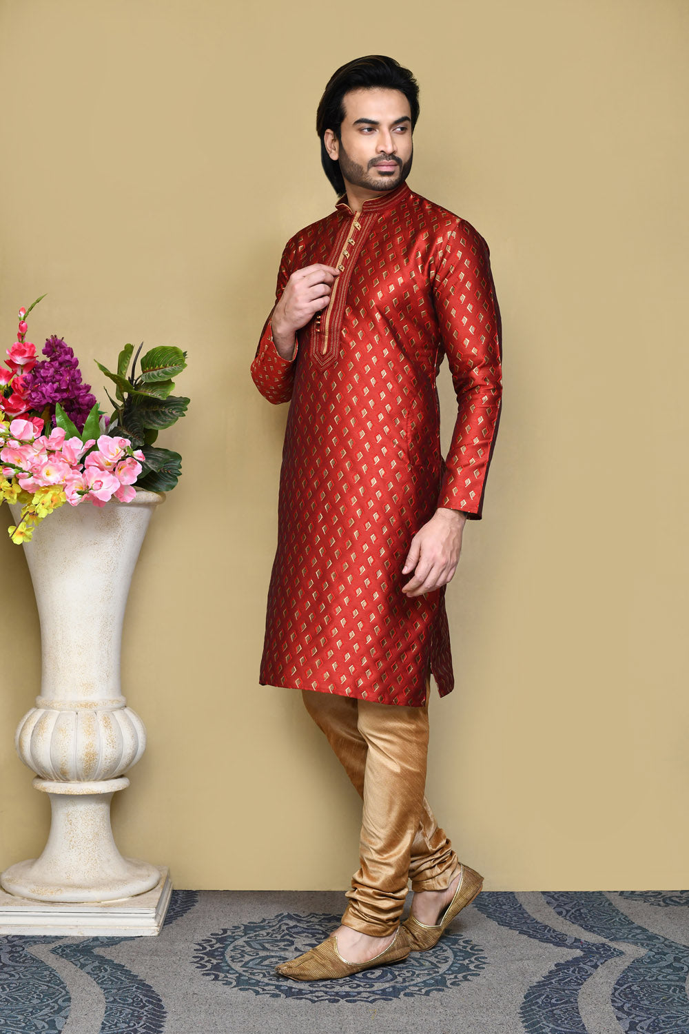 Red Colour Art Silk Fabric Resham Woven Kurta Pajama