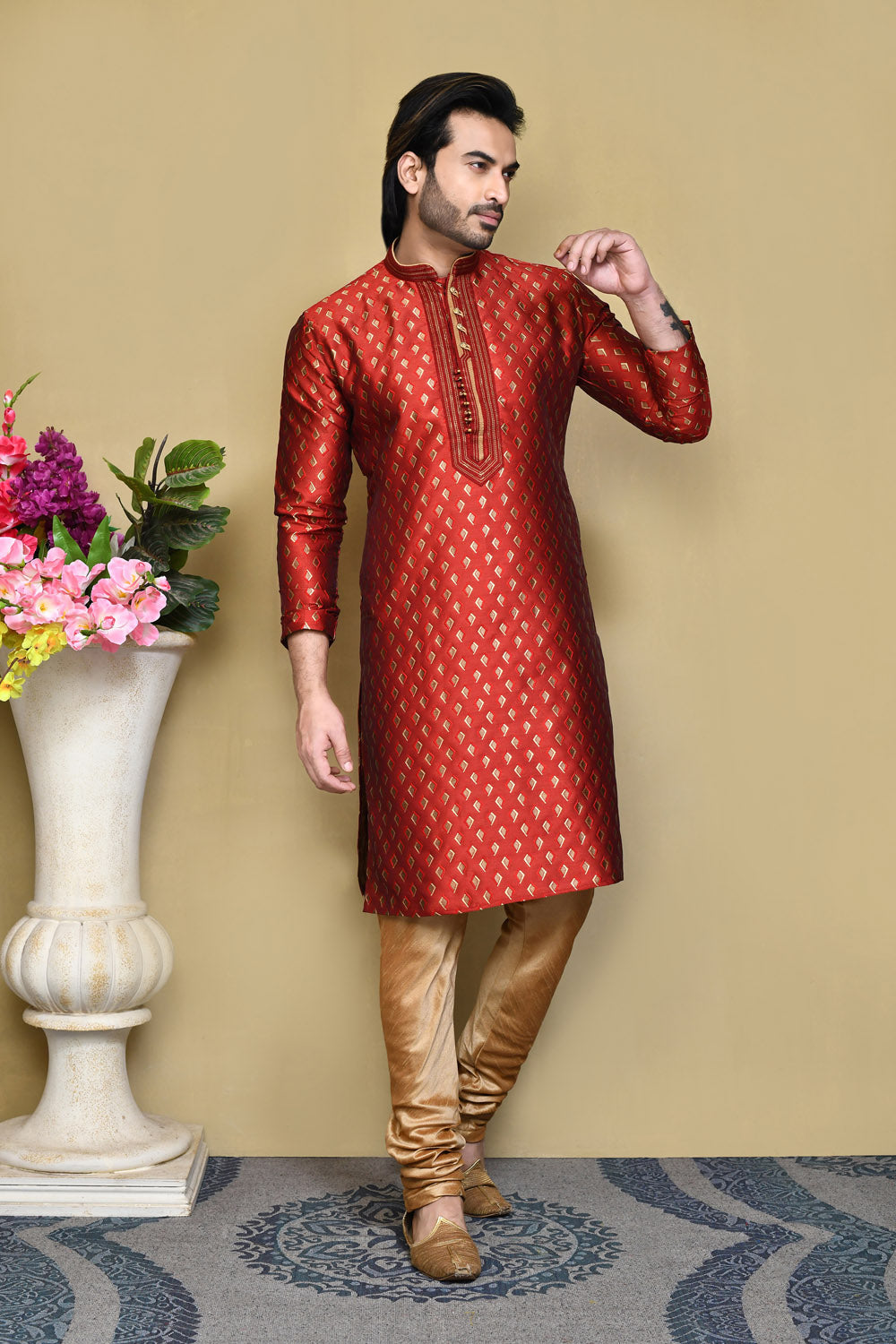 Red Colour Art Silk Fabric Resham Woven Kurta Pajama