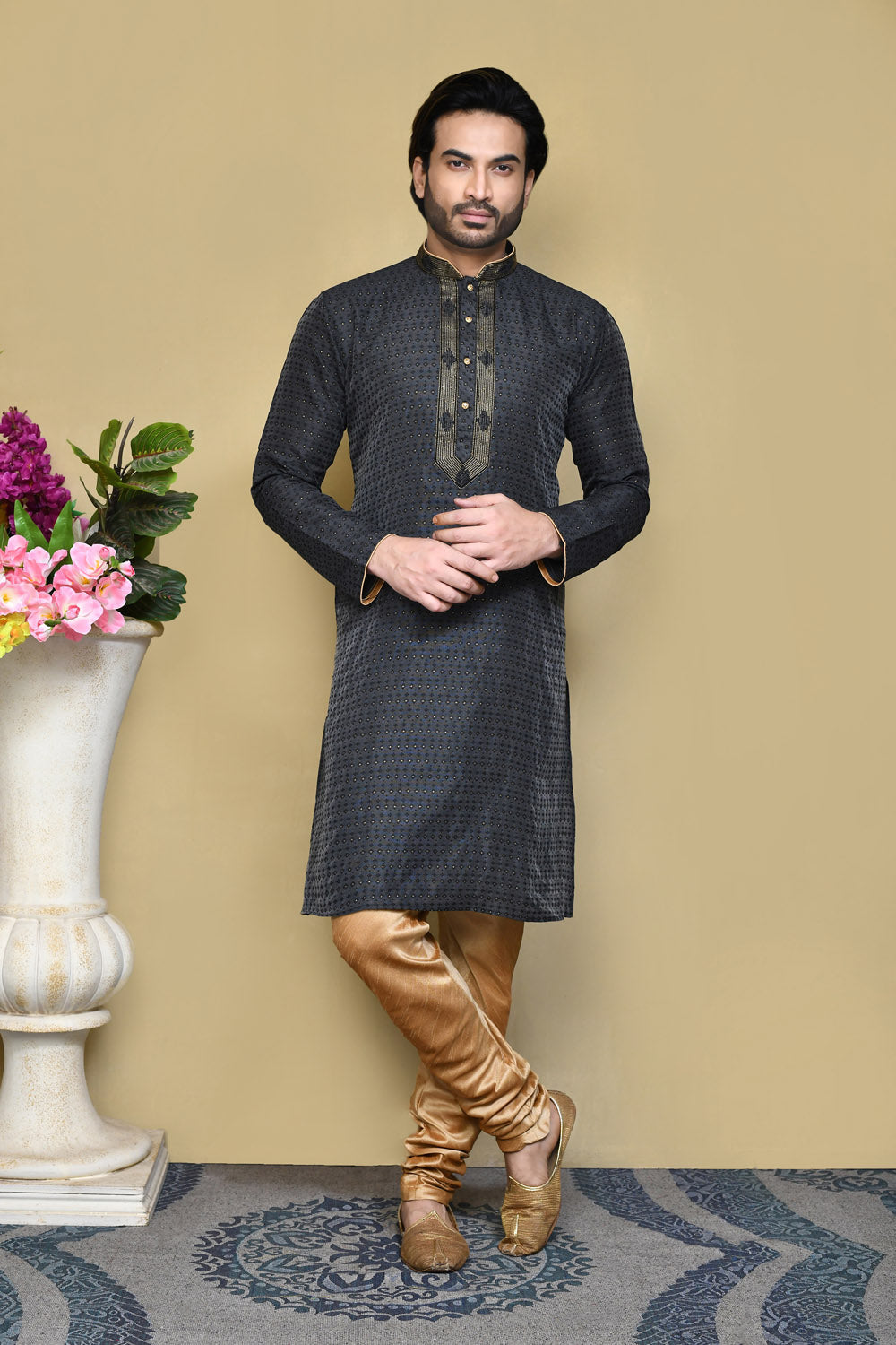 Black Colour Art Silk Fabric Resham Woven Kurta Pajama