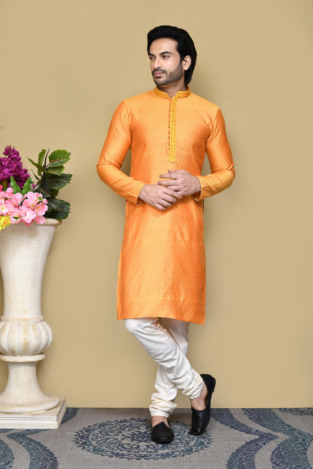 Orange Colour Cotton Silk Fabric Resham Woven Kurta Pajama