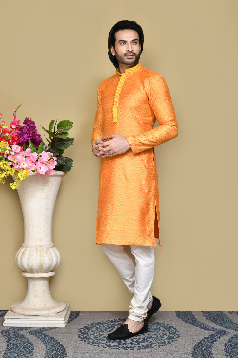 Orange Colour Cotton Silk Fabric Resham Woven Kurta Pajama