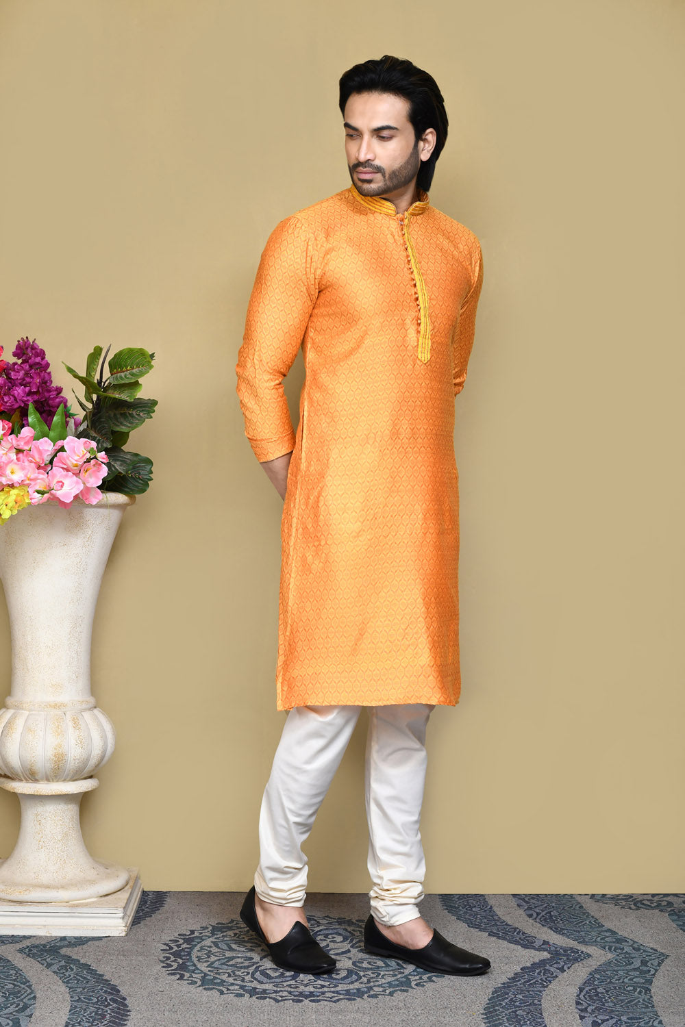 Orange Colour Cotton Silk Fabric Resham Woven Kurta Pajama