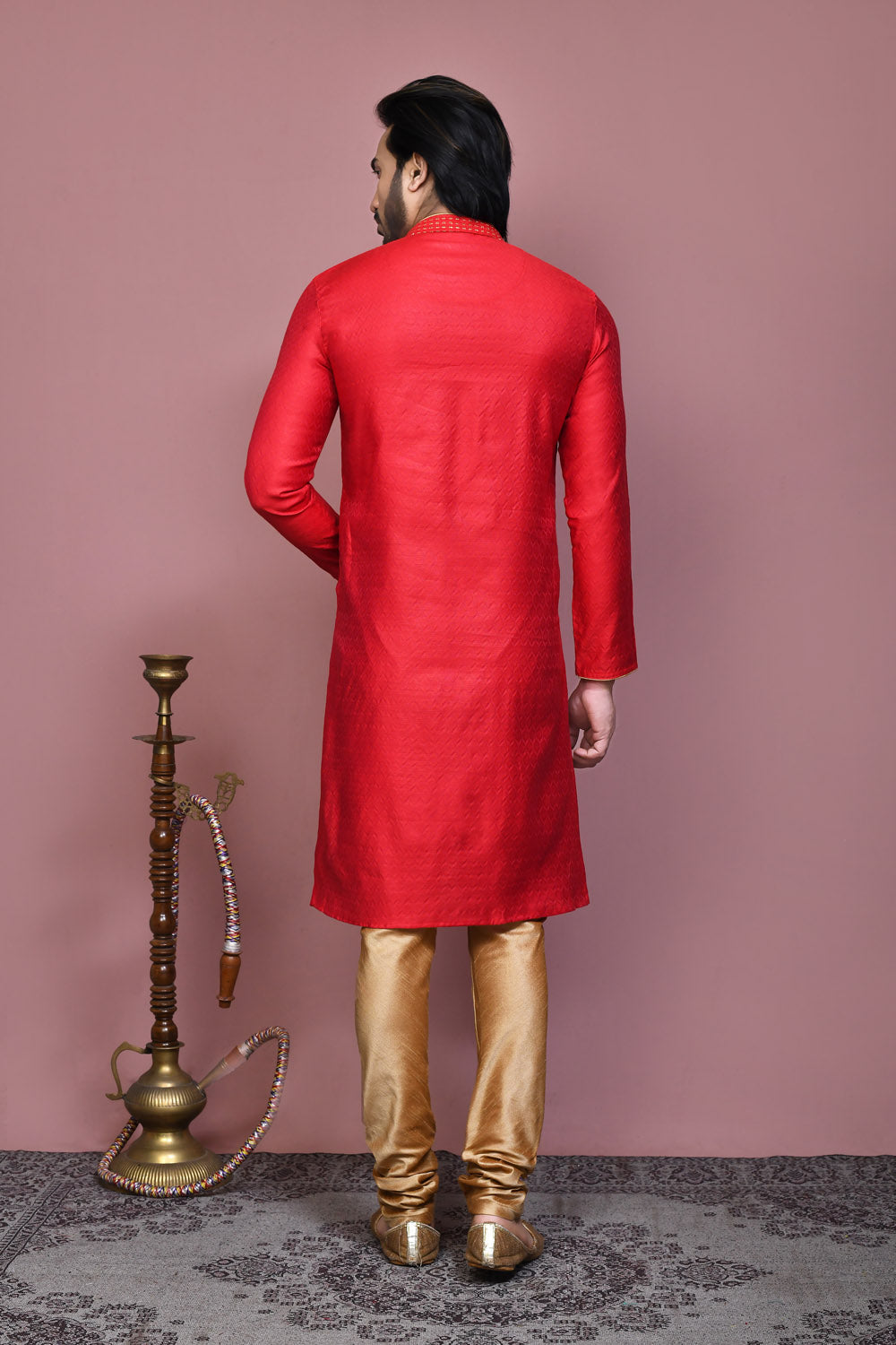 Red Colour Cotton Silk Fabric Resham Woven Kurta Pajama