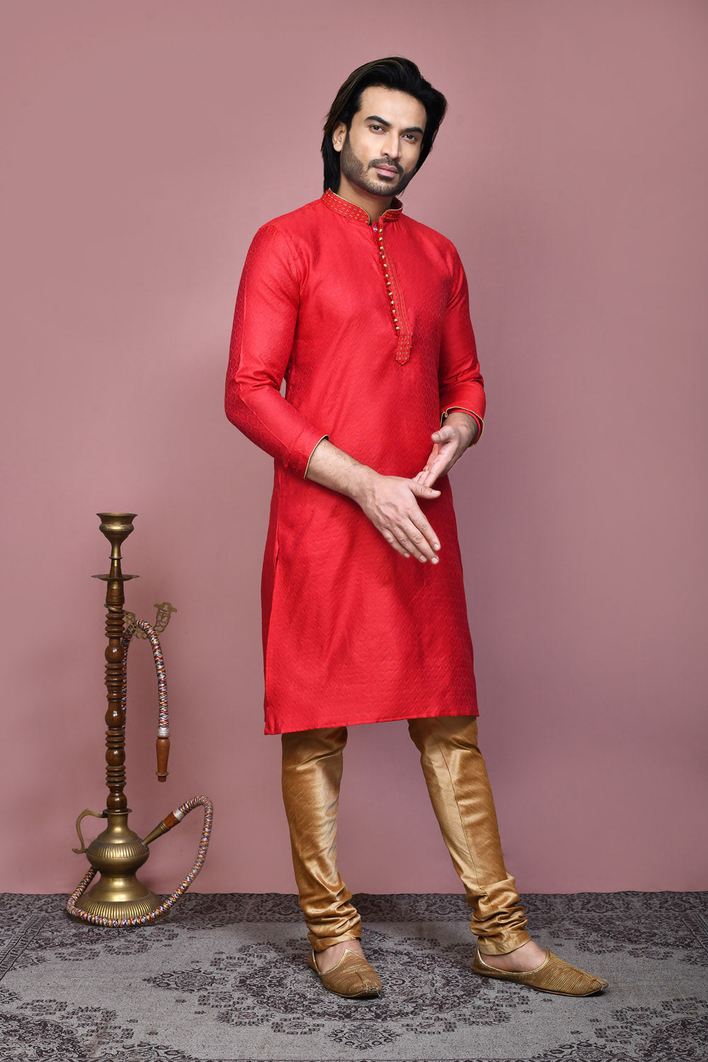 Red Colour Cotton Silk Fabric Resham Woven Kurta Pajama