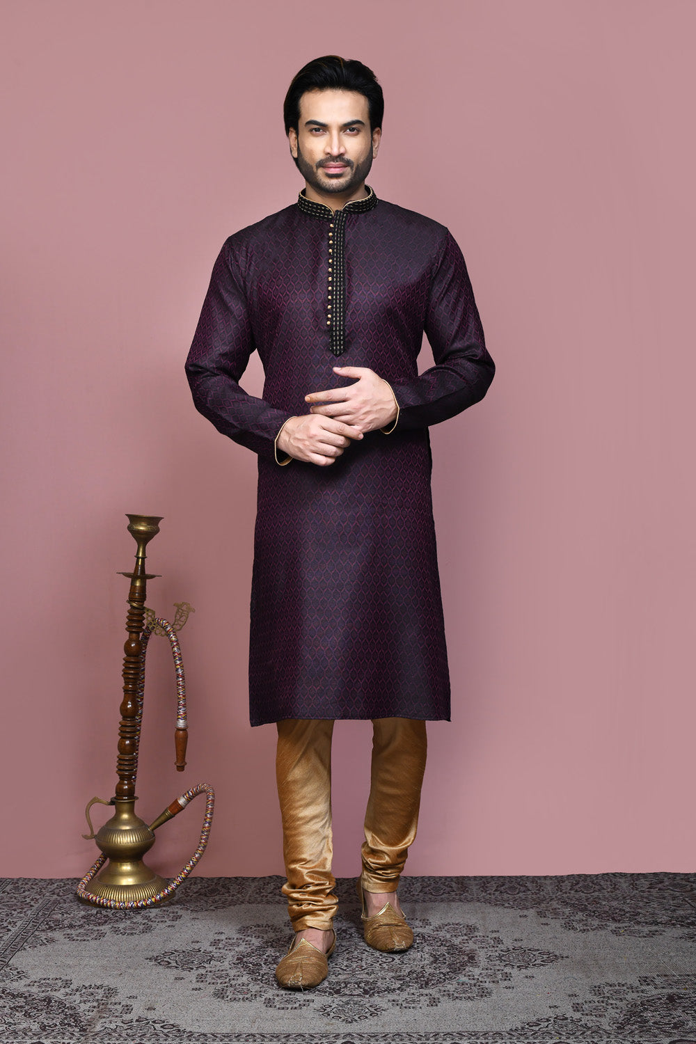 Wine Colour Cotton Silk Fabric Resham Woven Kurta Pajama