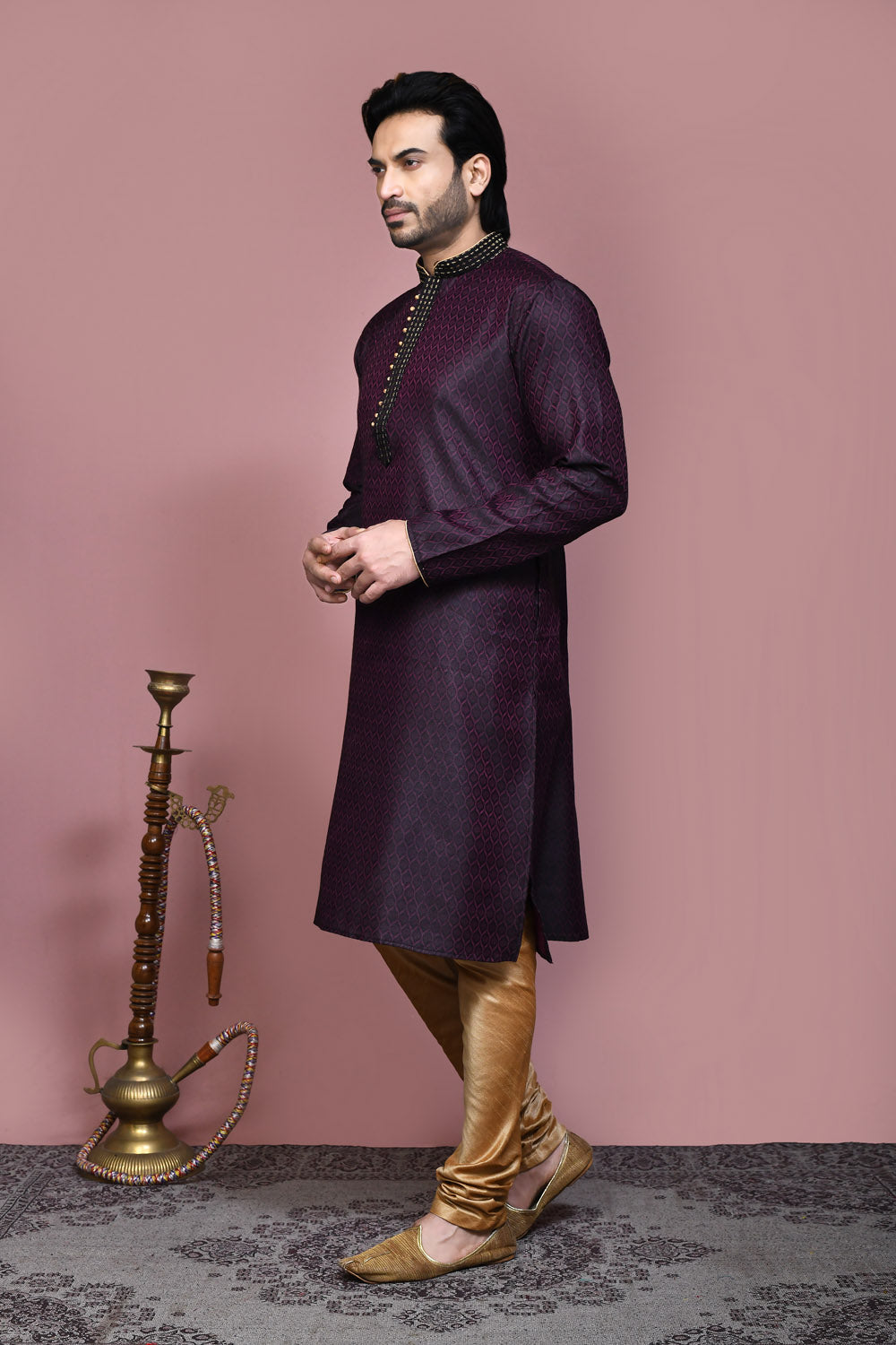 Wine Colour Cotton Silk Fabric Resham Woven Kurta Pajama