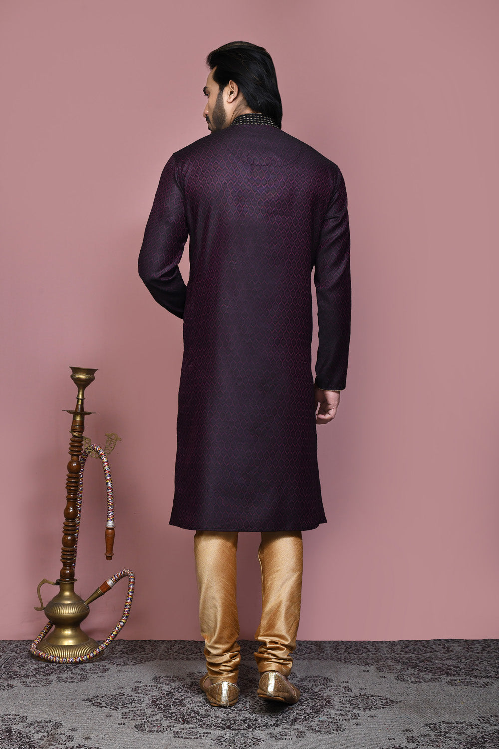 Wine Colour Cotton Silk Fabric Resham Woven Kurta Pajama