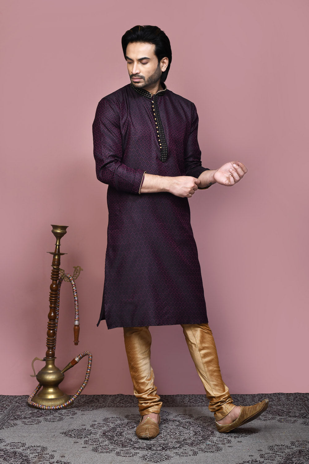 Wine Colour Cotton Silk Fabric Resham Woven Kurta Pajama