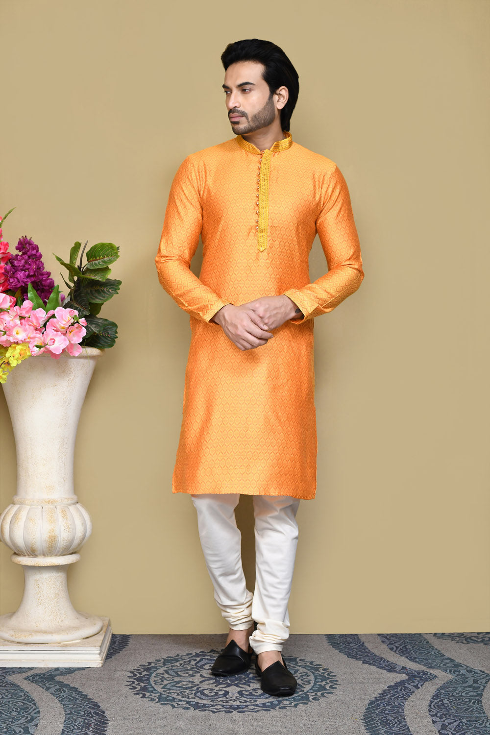 Orange Colour Cotton Silk Fabric Resham Woven Kurta Pajama