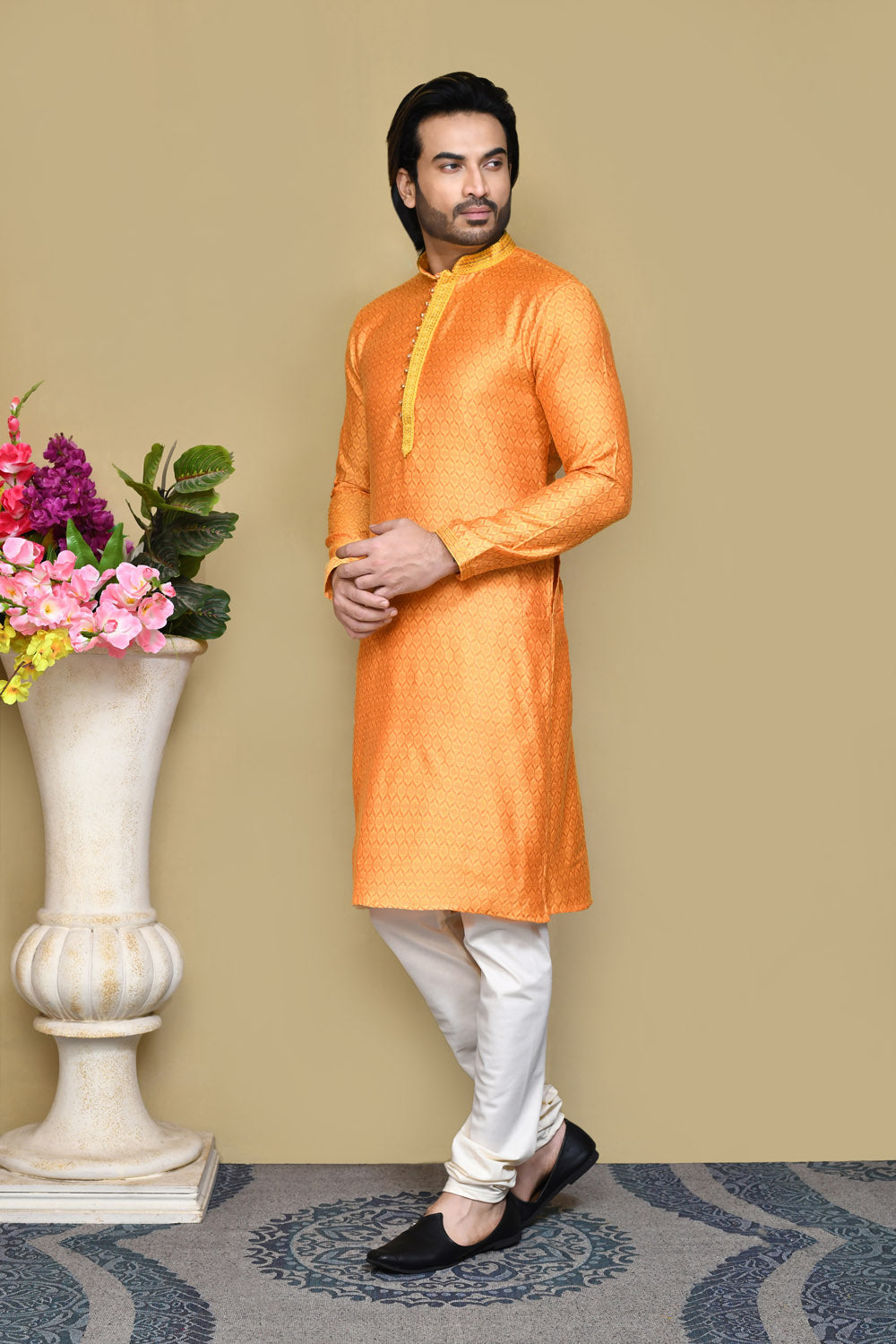 Orange Colour Cotton Silk Fabric Resham Woven Kurta Pajama