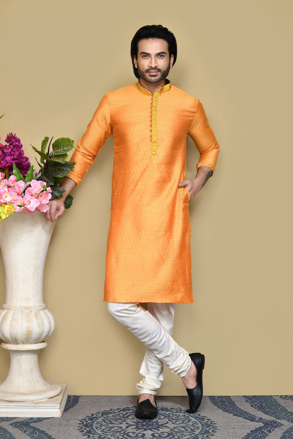 Orange Colour Cotton Silk Fabric Resham Woven Kurta Pajama