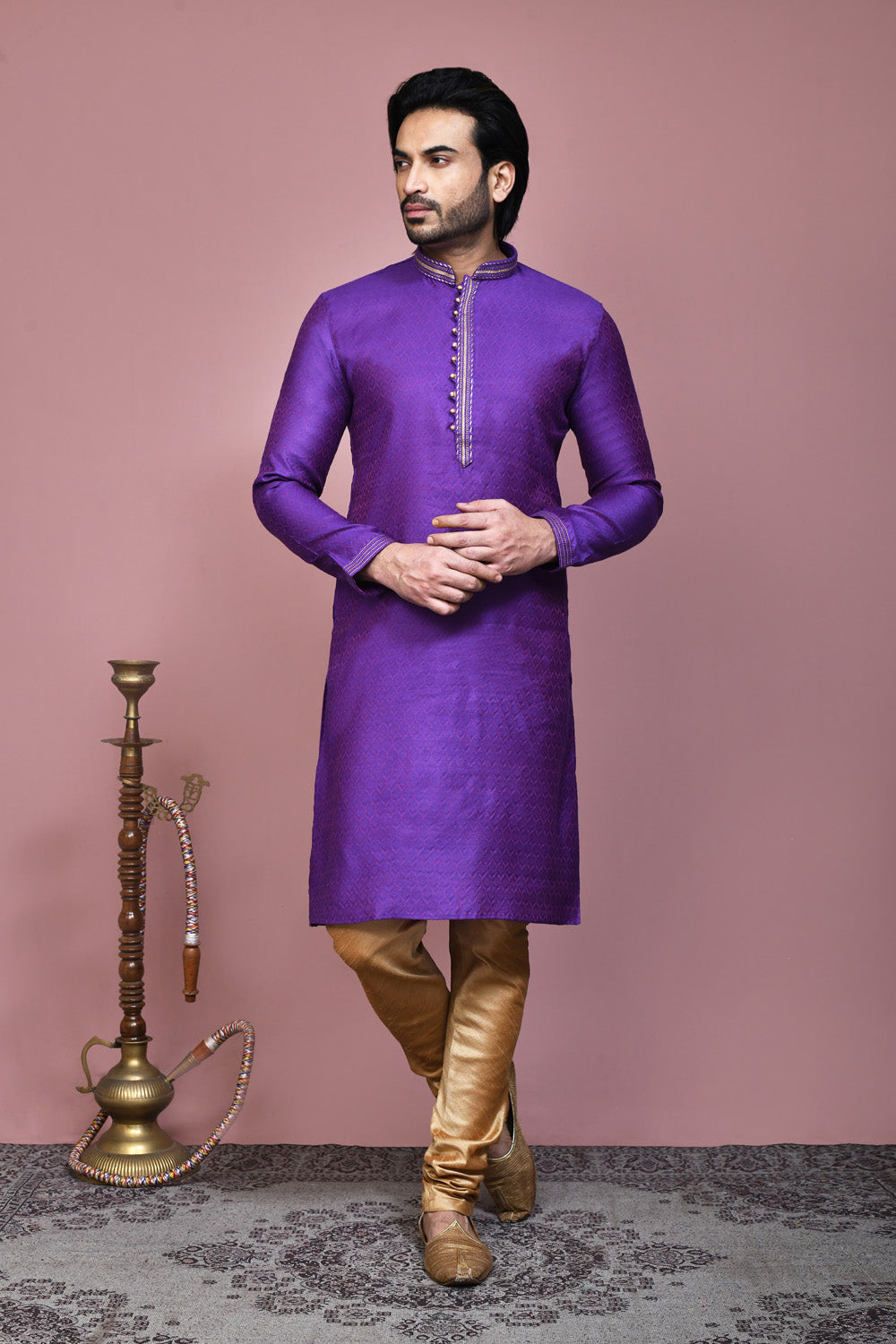 Purple Colour Cotton Silk Fabric Resham Woven Kurta Pajama