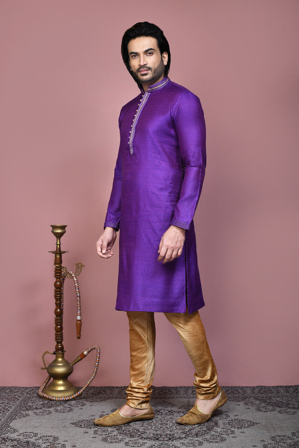 Purple Colour Cotton Silk Fabric Resham Woven Kurta Pajama