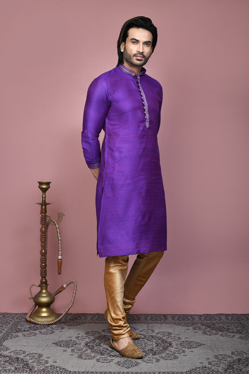 Purple Colour Cotton Silk Fabric Resham Woven Kurta Pajama