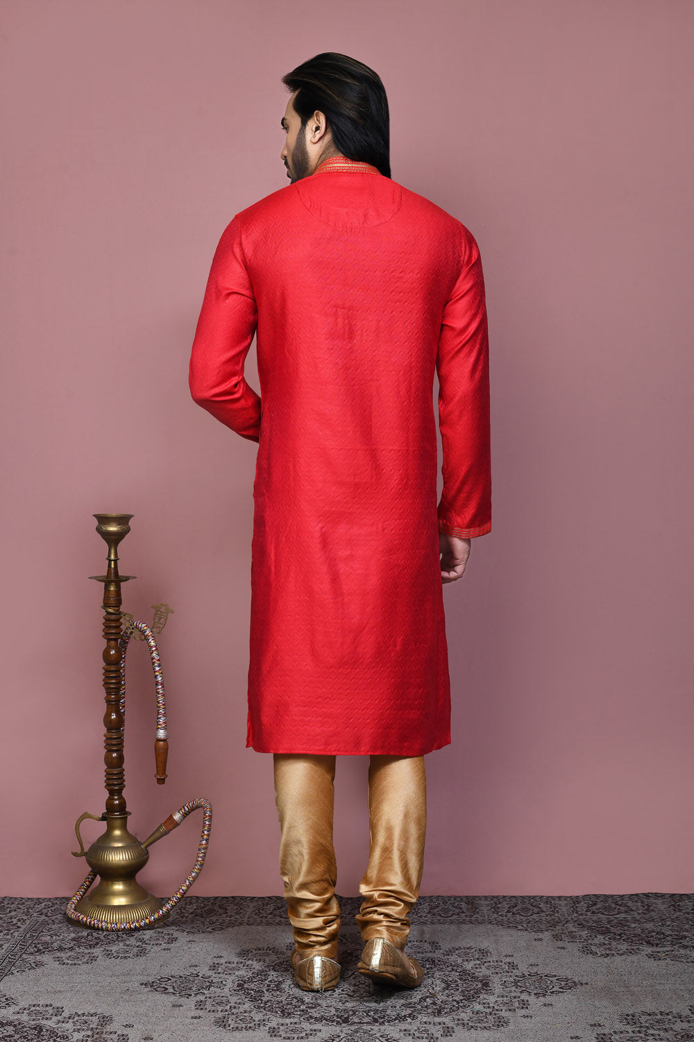 Red Colour Cotton Silk Fabric Resham Woven Kurta Pajama