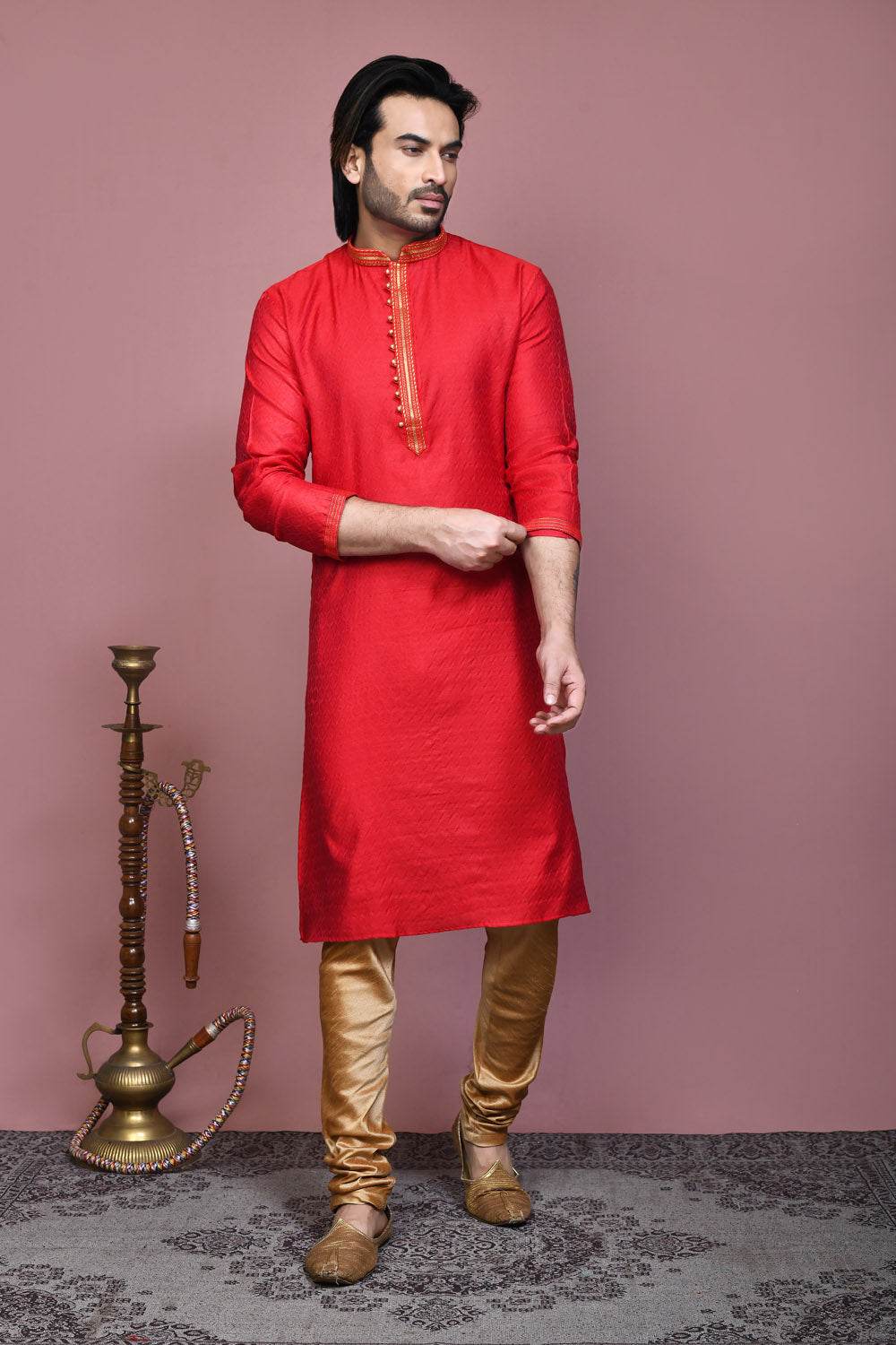 Red Colour Cotton Silk Fabric Resham Woven Kurta Pajama