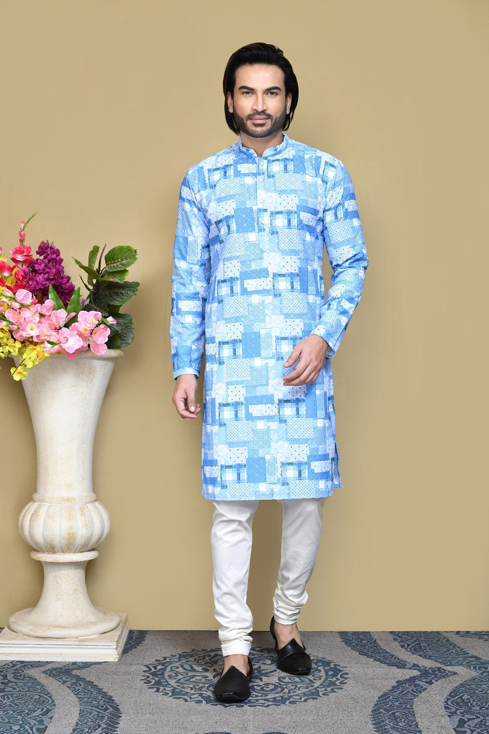 Sky Blue Colour Cotton Fabric Printed Kurta Pajama