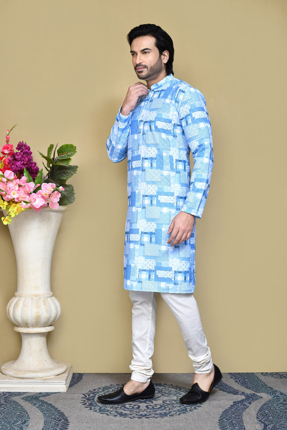 Sky Blue Colour Cotton Fabric Printed Kurta Pajama