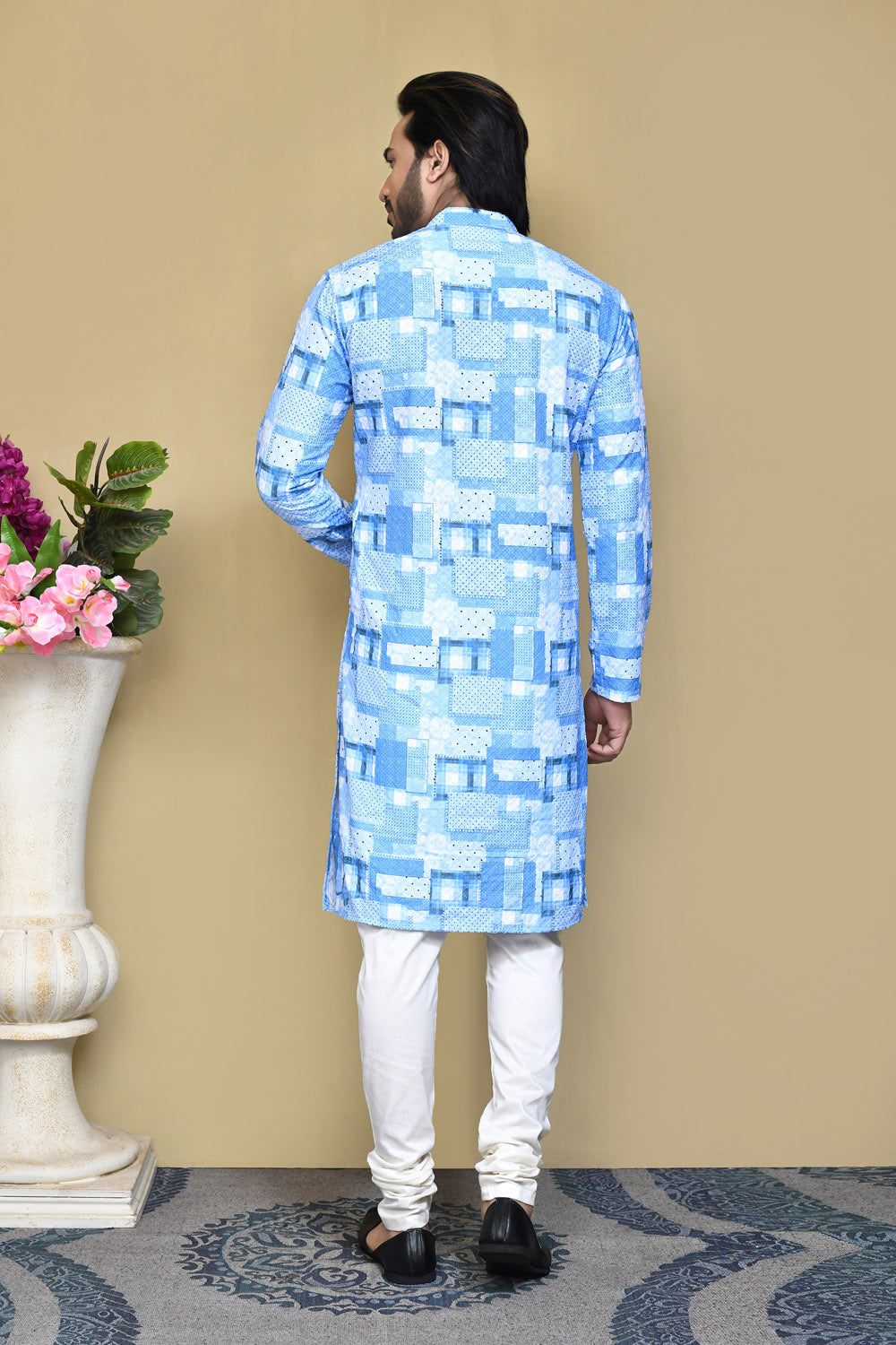 Sky Blue Colour Cotton Fabric Printed Kurta Pajama