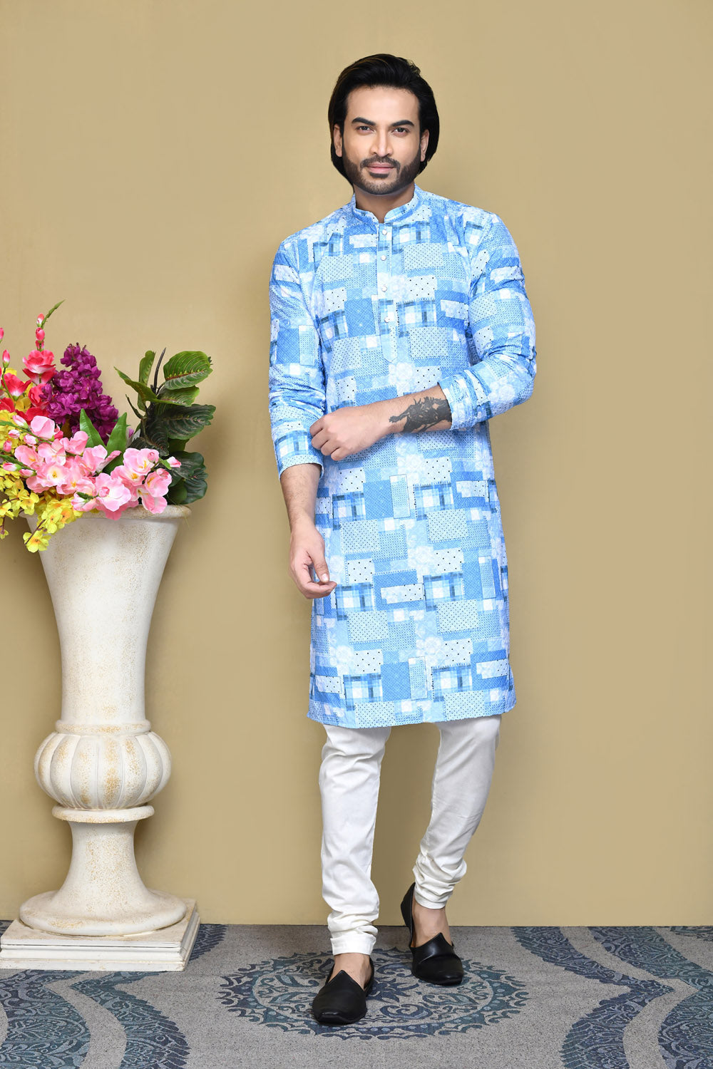 Sky Blue Colour Cotton Fabric Printed Kurta Pajama