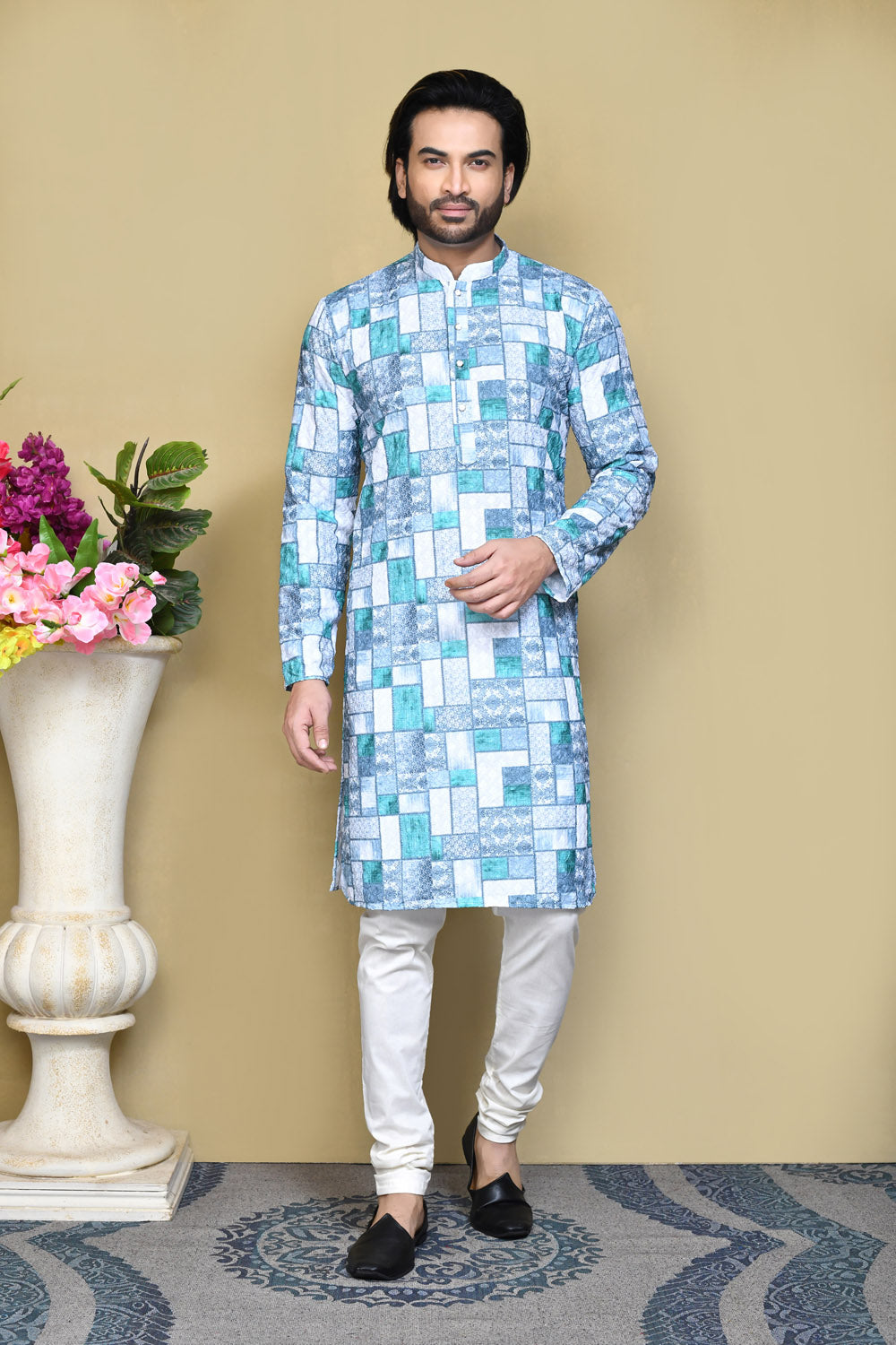 Green Colour Cotton Fabric Printed Kurta Pajama