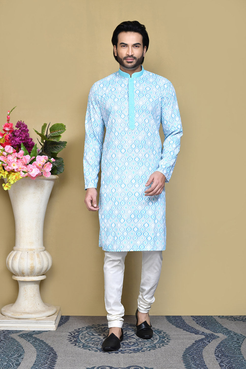 Sea Green Colour Cotton Fabric Printed Kurta Pajama