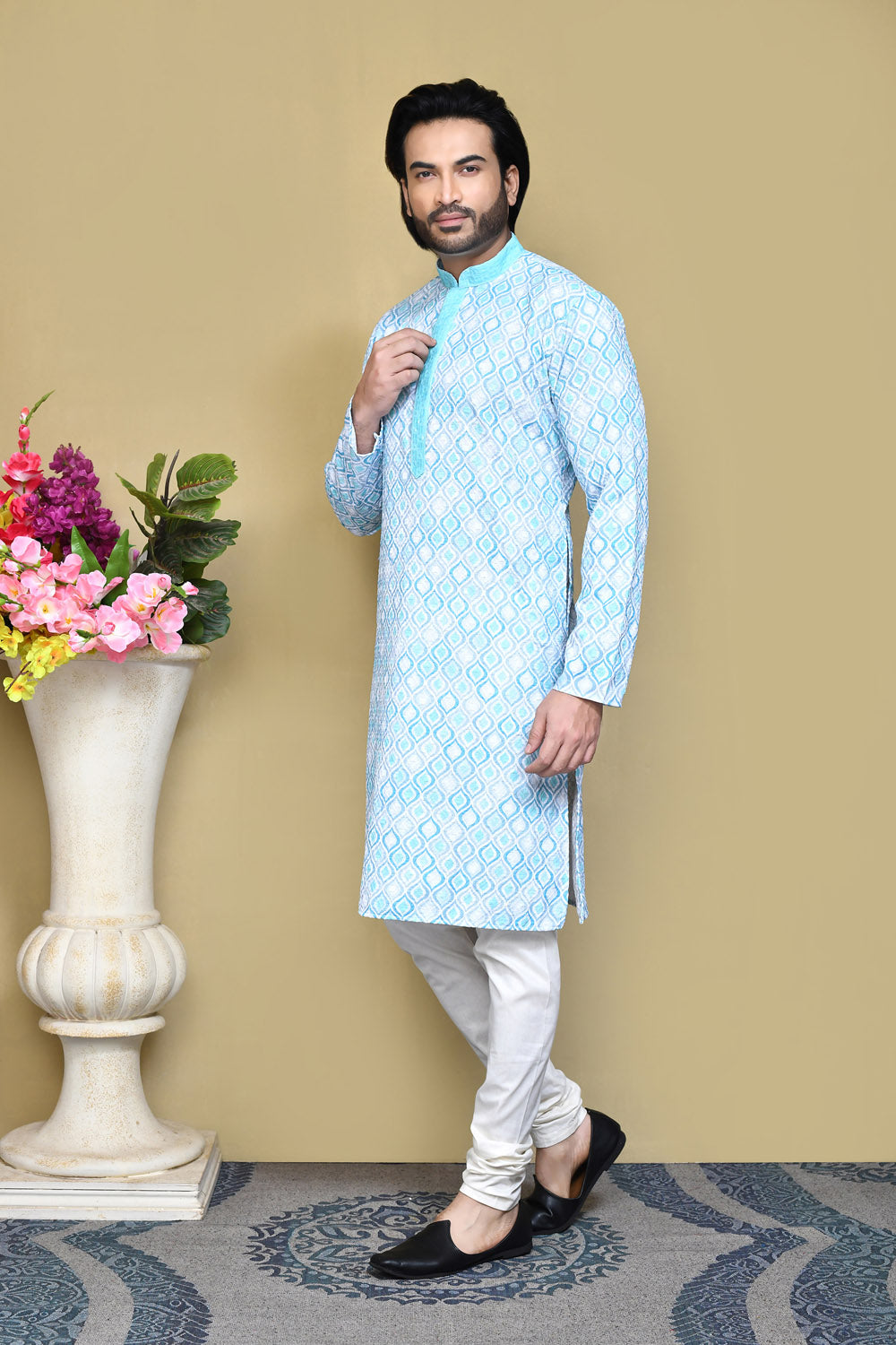 Sea Green Colour Cotton Fabric Printed Kurta Pajama