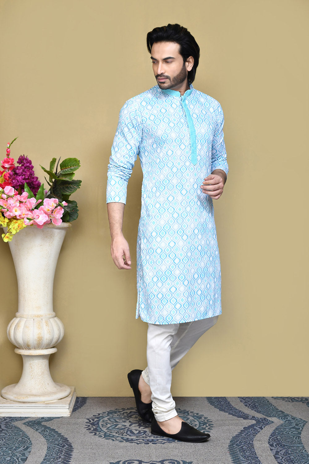 Sea Green Colour Cotton Fabric Printed Kurta Pajama