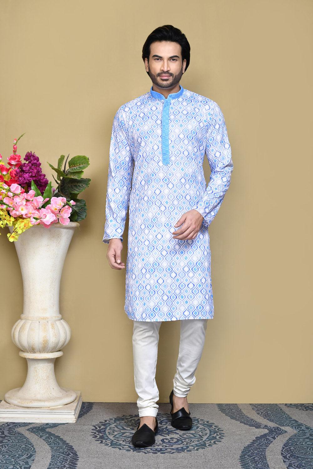 Sky Blue Colour Cotton Fabric Printed Kurta Pajama