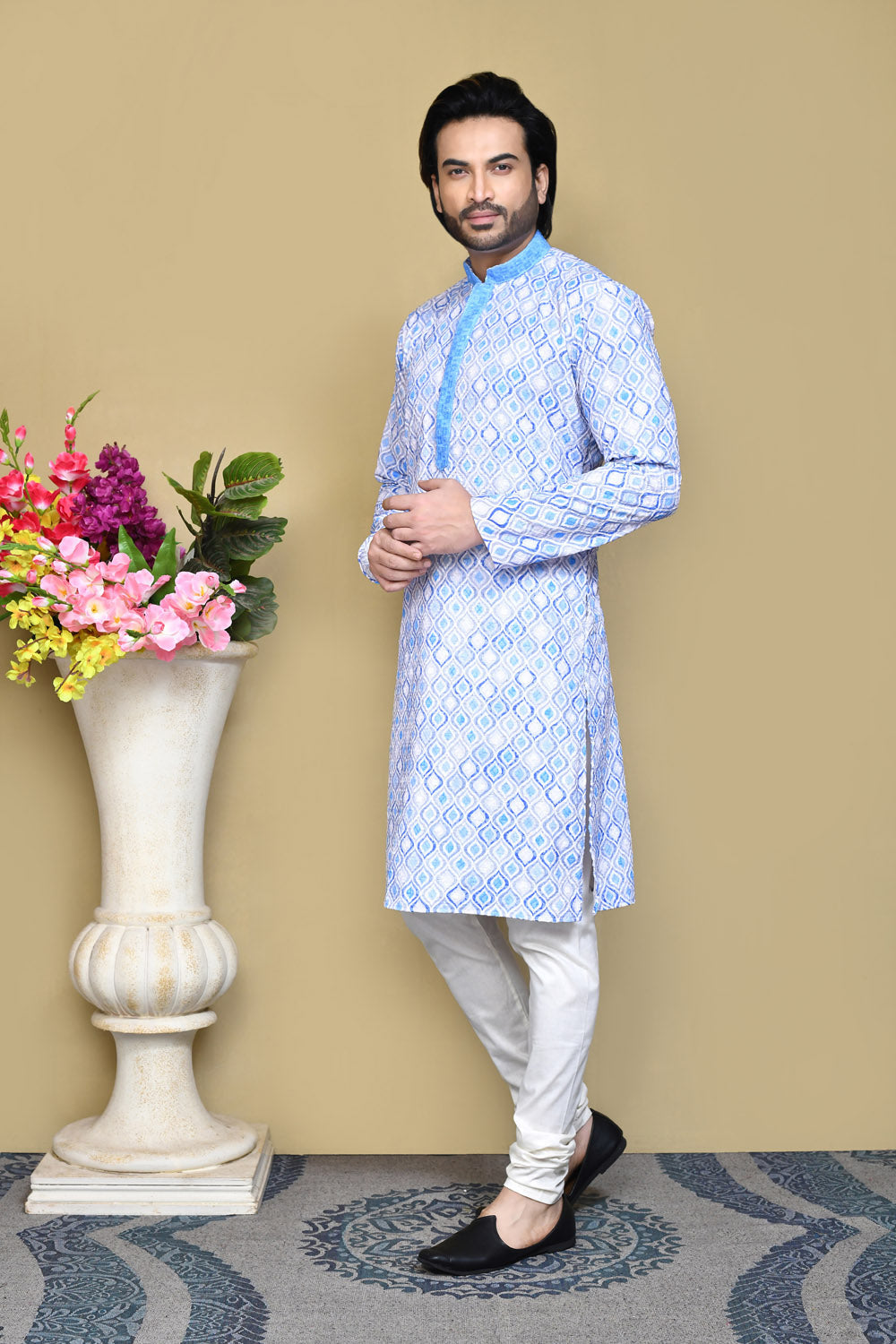 Sky Blue Colour Cotton Fabric Printed Kurta Pajama