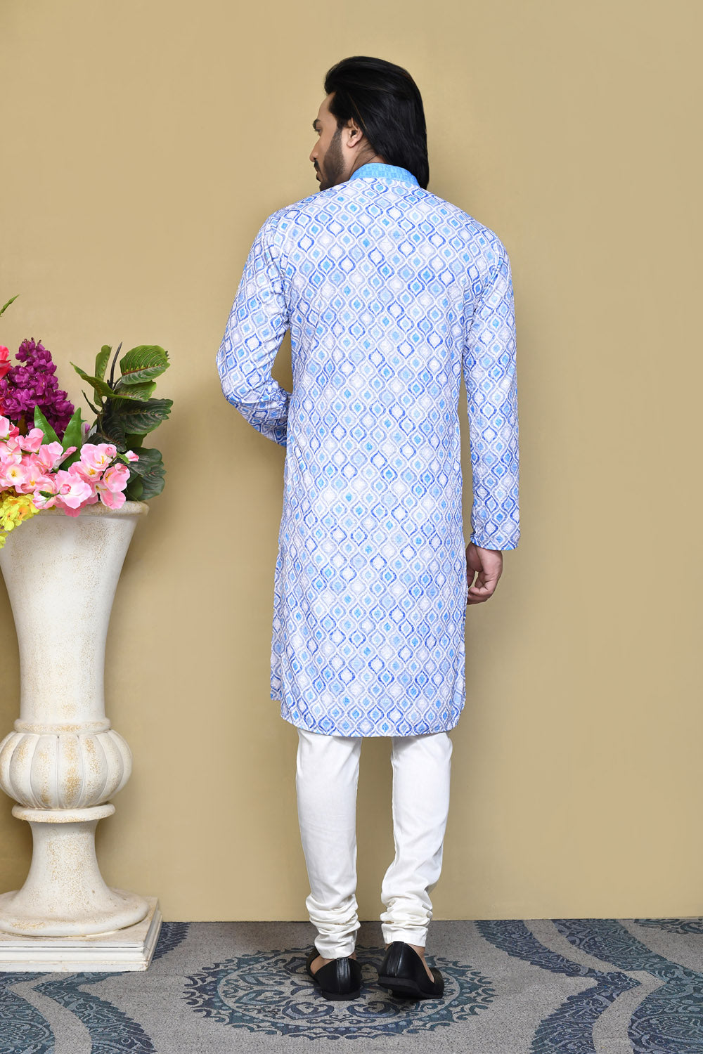 Sky Blue Colour Cotton Fabric Printed Kurta Pajama