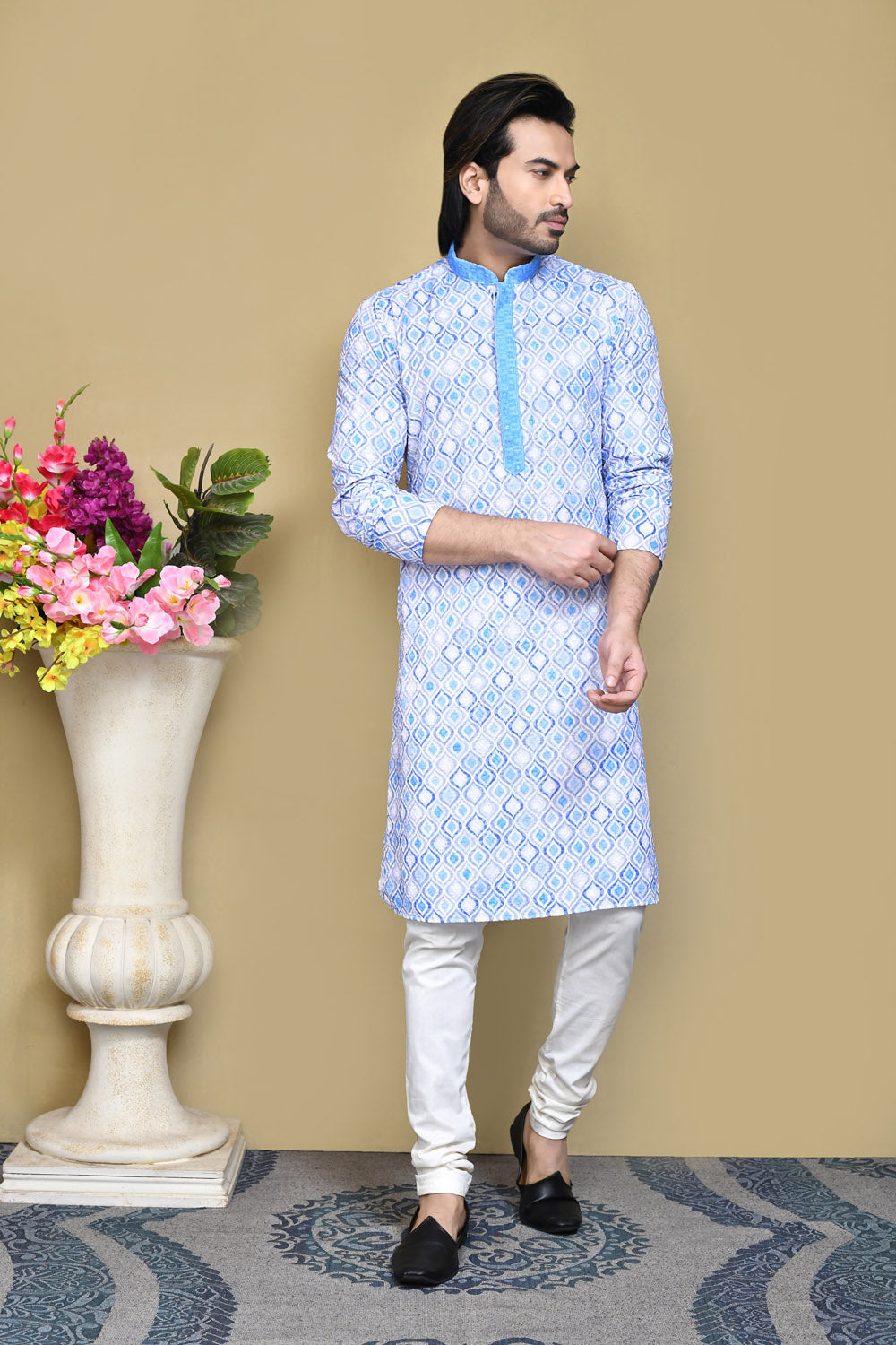 Sky Blue Colour Cotton Fabric Printed Kurta Pajama