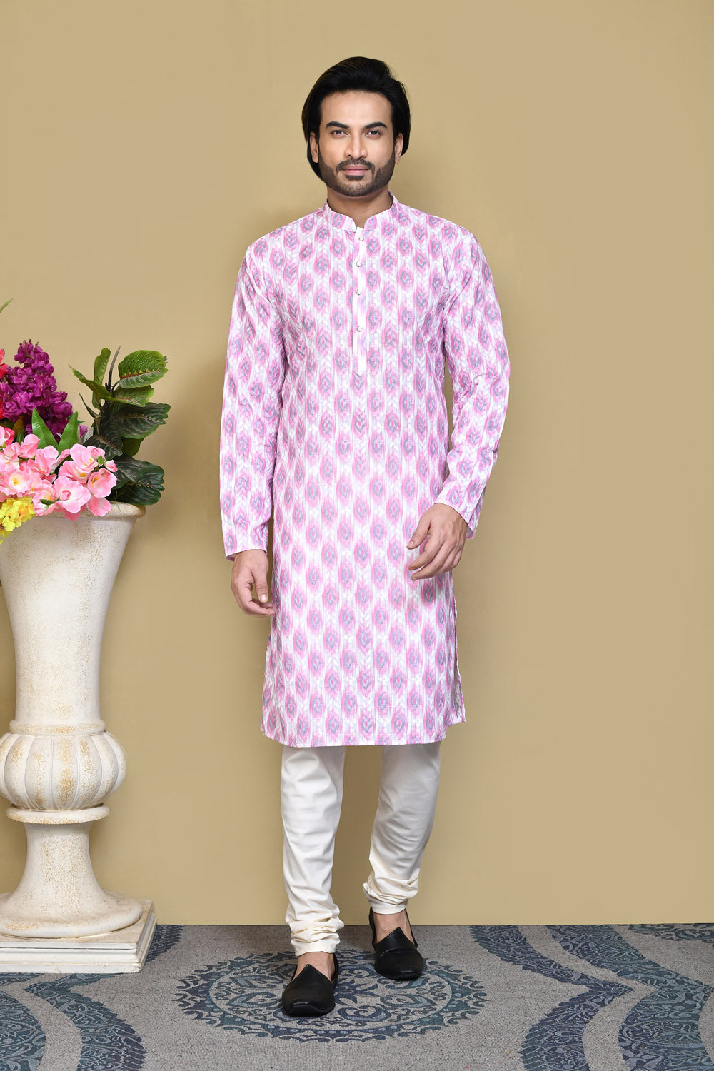 Onion Colour Cotton Fabric Printed Kurta Pajama