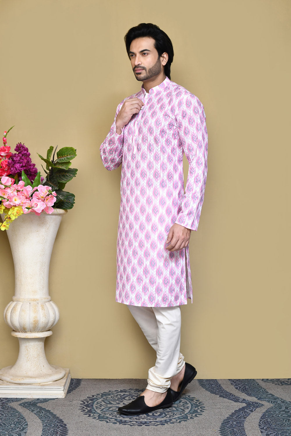 Onion Colour Cotton Fabric Printed Kurta Pajama