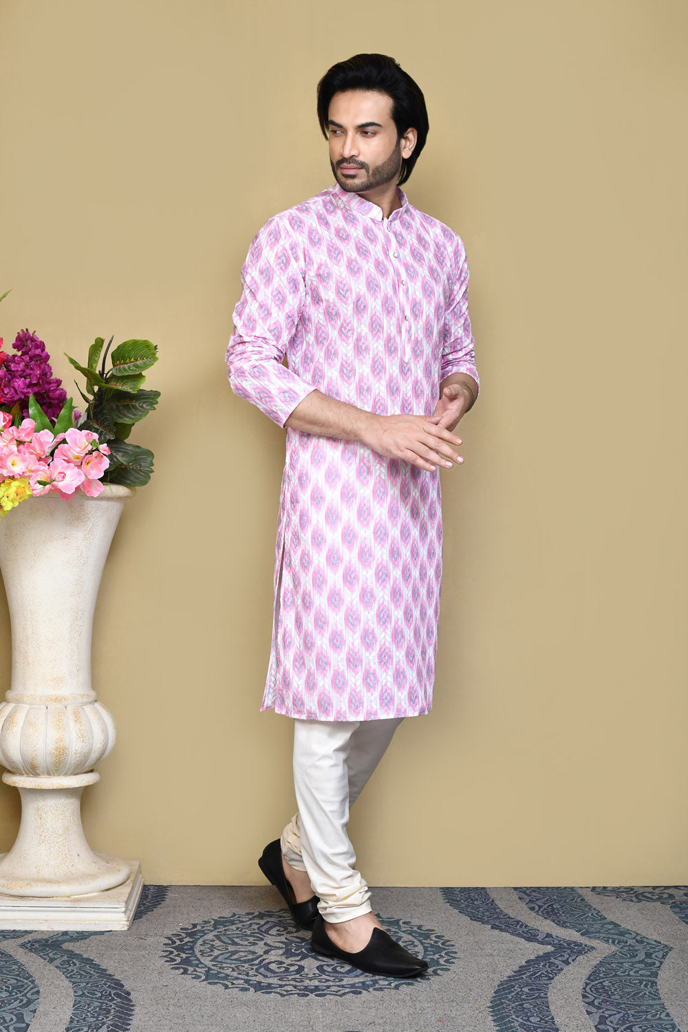 Onion Colour Cotton Fabric Printed Kurta Pajama