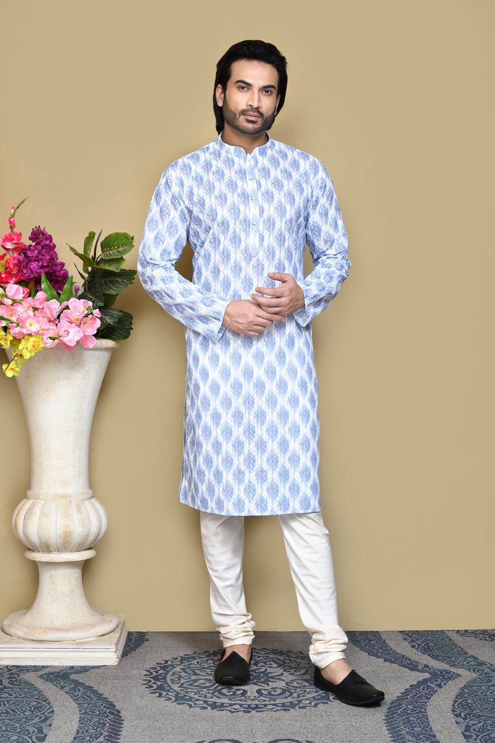 Sky Blue Colour Cotton Fabric Printed Kurta Pajama